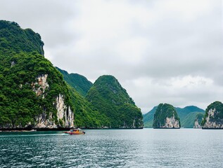 Emerald islands rise from tranquil waters with a speeding boat.