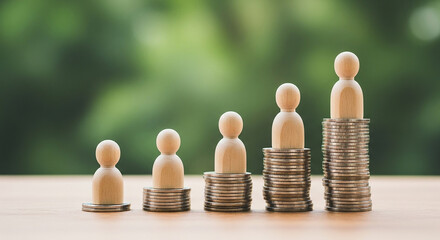 income inequality salary distribution, wooden figures standing on uneven coin stacks representing wage gap employee hierarchy and financial disparity concept

