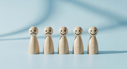 Customer satisfaction concept with wooden emoticon figures showing different emotional expressions from unhappy to happy on light blue background

