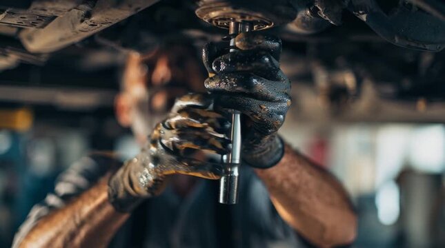 Mechanic working under a car, tightening bolts with greasy hands. A gritty, authentic scene ideal for automotive repair themes, garage branding, tool ads, and industrial visual storytelling.
