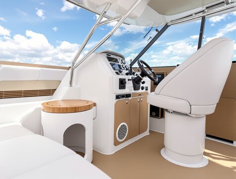 Modern boat helm station with comfortable seating under a bright sky.