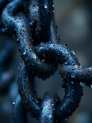 Close-up of a dark blue metal chain with water droplets, showing intricate details and textures.  Strong and secure.
