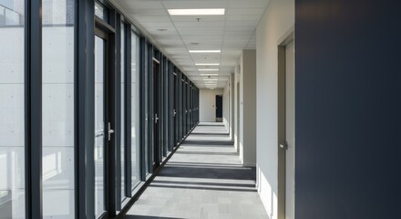 Obraz premium Long Office Corridor with Glass Doors and Neutral Tones