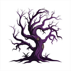 Gnarled and spooky purple tree with bare branches and glowing eyes, standing ominously against a white background