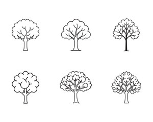 Set of Six Tree Icons in Simple Outline Style for Environment or Nature Related Design Projects and Creative Vector Elements