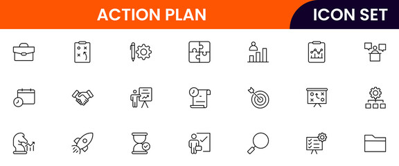 Action plan vector line icons featuring checklists, strategies, timelines, goals, tasks, progress tracking, decision making, teamwork, and project steps.