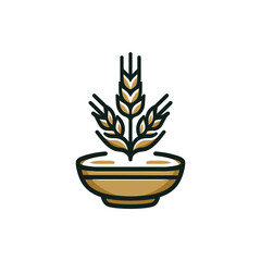 Stylized illustration of a bowl with wheat, symbolizing agriculture and harvest themes