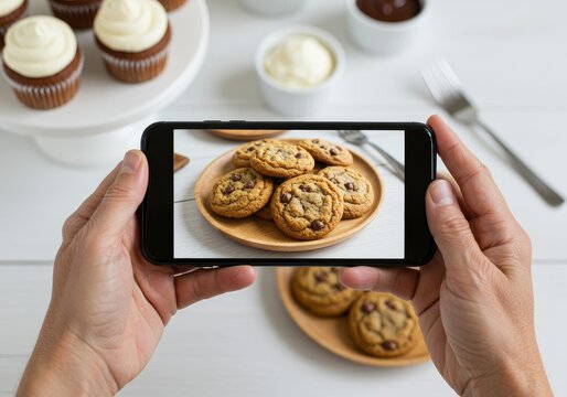 Hands Photographing Chocolate Chip Cookies with Smartphone - Powered by Adobe