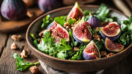 Fresh fig featured in rustic dish with leafy greens and nuts on wooden table