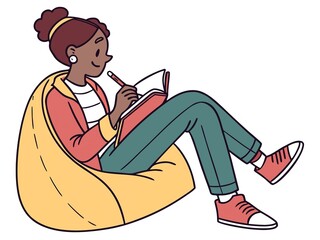 Cartoon girl journaling peacefully while seated in a soft chair, isolated on a clean white backdrop.
