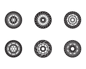 Six different brake disc designs in black and white for automotive or mechanical use showcasing various rotor patterns
