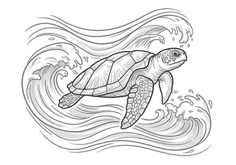 Turtle swimming with artistic water waves