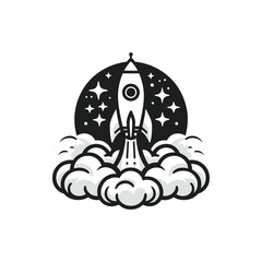Rocket launching into space surrounded by clouds and stars, symbolizing exploration and adventure