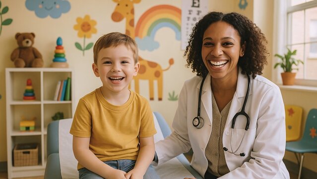 Friendly pediatrician interacting with cheerful young patient during medical examination in bright pediatric clinic, promoting children's healthcare and well-being