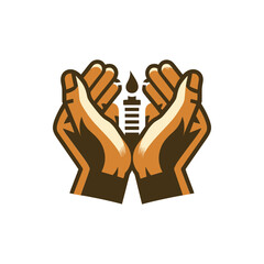 Obraz premium Hands holding a syringe with a flame symbol, representing health and wellness in a minimalist style