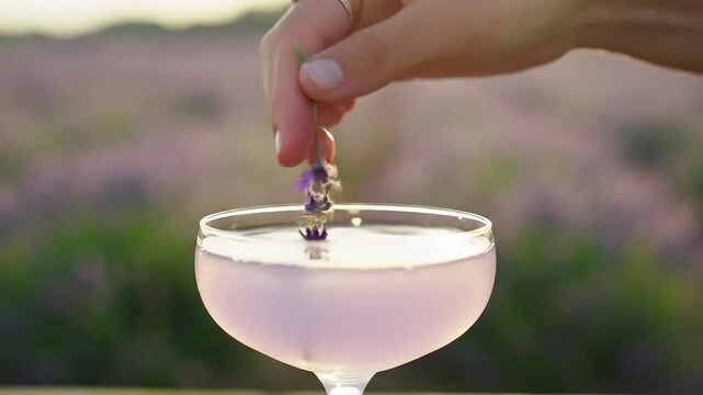 A hand adds a delicate lavender garnish to a pink cocktail in a serene outdoor setting.