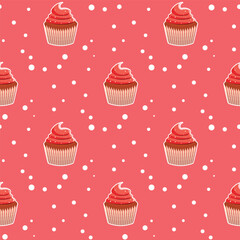 Seamless pattern wiht muffin cake, sweet cupcake with cream, delicious pastries. Modern vector illustration for cafe, restaurant, fabric, textile. Dessert background for a candy bar.
