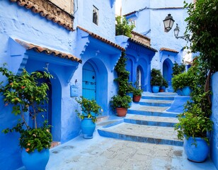 Fototapeta premium Blue-washed alleyway, vibrant and inviting