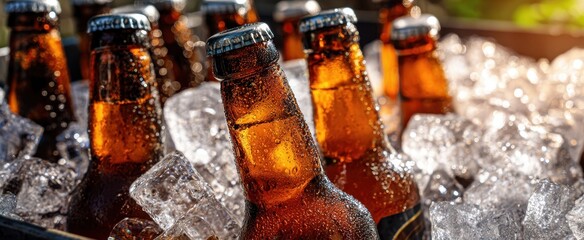 The refreshing beer bottles chilling in ice on a sunny day