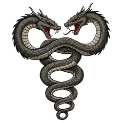 Dual dragon heads in dark tattoo style