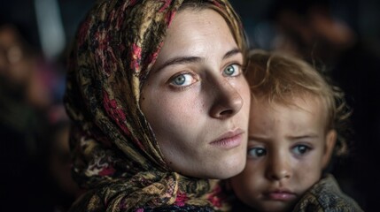Obraz premium A Mother's Gaze: Refugee Woman with Child