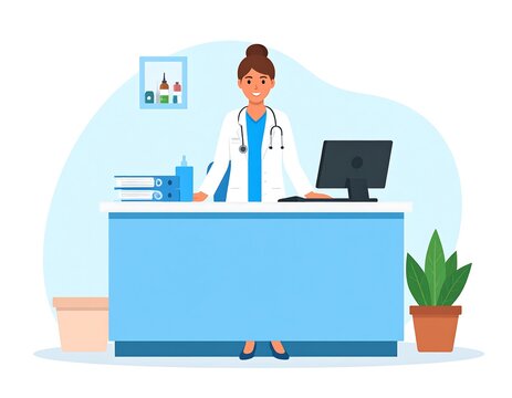 Female doctor at a light blue reception desk in a clinic - Powered by Adobe