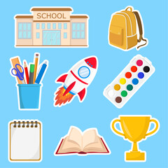 Vibrant colors back to school stickers with school elements and supplies