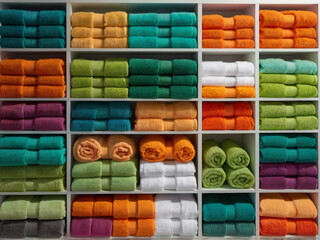 Colorful folded and rolled towels neatly stacked teal