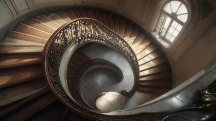 Overhead view of a grand, spiraling wooden staircase with ornate metal railings