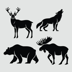 Obraz premium Black silhouettes of deer bear wolf and moose animal