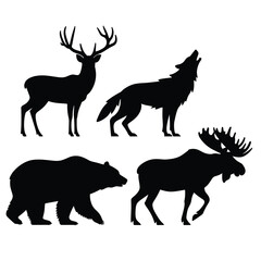 Black silhouettes of deer wolf bear and moose deer silhouette