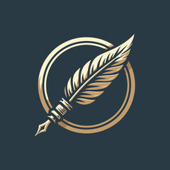 Elegant golden feather quill inside a circular emblem on a dark background, symbolizing creativity