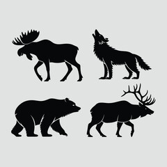 Black silhouettes of moose wolf bear and elk animal