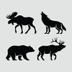 Black silhouettes of moose wolf bear and elk animal 1
