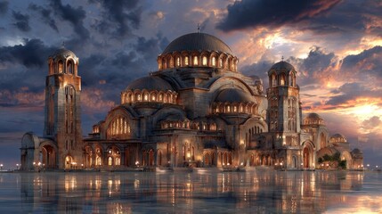 Majestic cathedral by the water at sunset