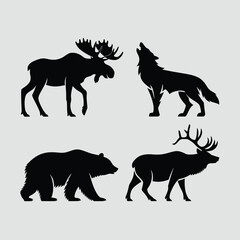 Obraz premium Black silhouettes of moose wolf bear and elk deer