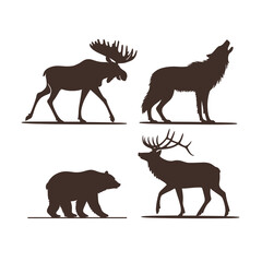 Four animal silhouettes moose wolf bear elk on white
