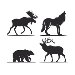 Four animal silhouettes moose wolf bear elk vector