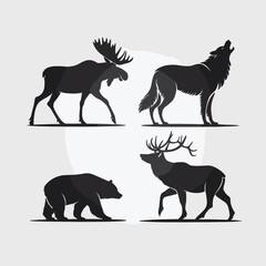 Four Black Animal Silhouettes Moose Wolf Bear Deer