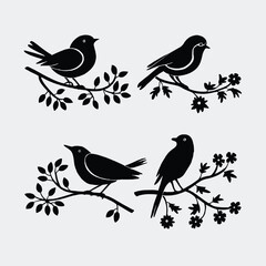 Four black bird silhouettes on branches with leaves and flowers 1