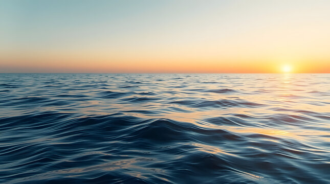 Serene seascape at dusk, capturing the tranquil beauty of the open ocean and the setting sun's warm glow. - Powered by Adobe