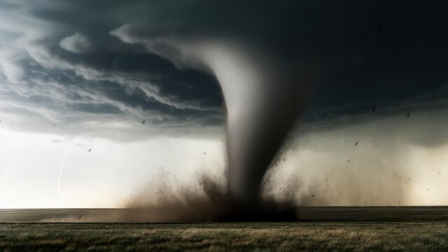 Powerful tornado touching down on flat land, dark clouds, and birds flying away