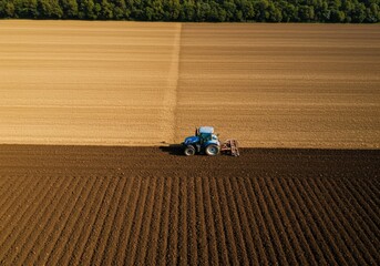 Blue Tractor Cultivating Rich Farmland