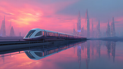 Futuristic high speed train traveling through a city at sunset with reflections on water transportation