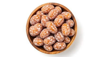 Obraz premium Top down view of gingerbread cookies with icing in a wooden bowl on a white background in studio lighting