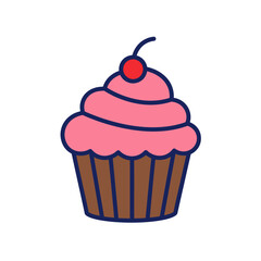 Colorful cartoon cupcake with swirled pink frosting and a red cherry on top.