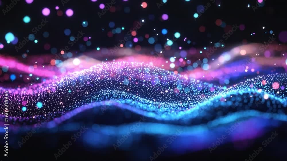 Poster abstract colorful waves with glittering particles and bokeh effect in a dark background