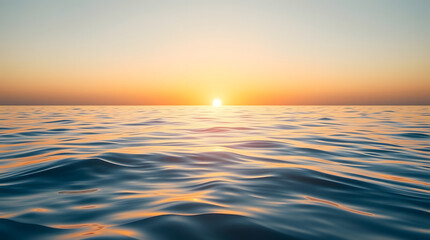 A serene view of a golden sunset over the calm ocean, with sunlight reflecting on the gentle waves.