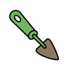Illustrated garden hand trowel with a green handle and a pointed brown blade.