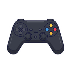 Modern black video game controller illustration with colorful buttons and dual analog sticks.